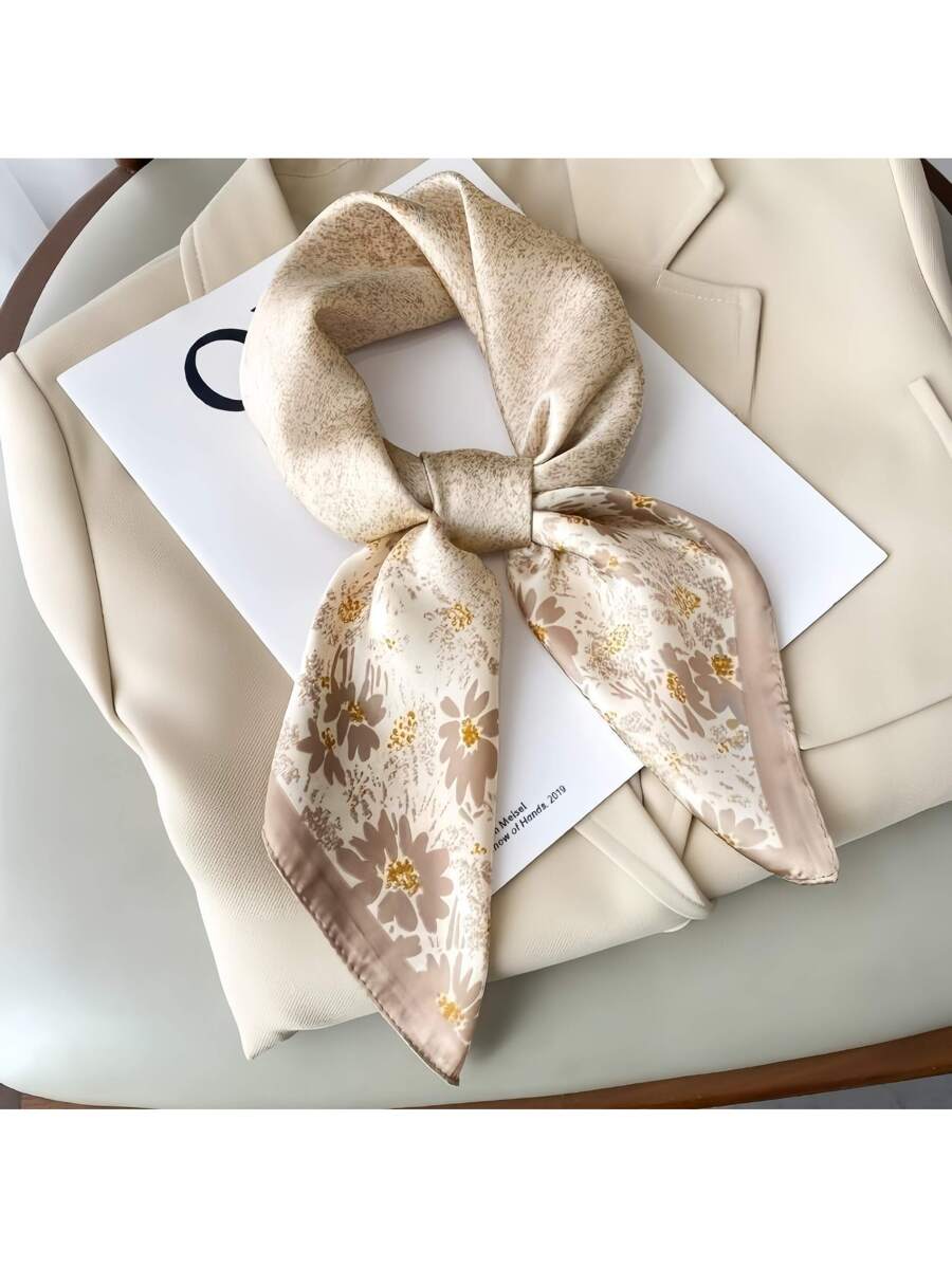 Satinhalsduk i Kaki med Blommönster