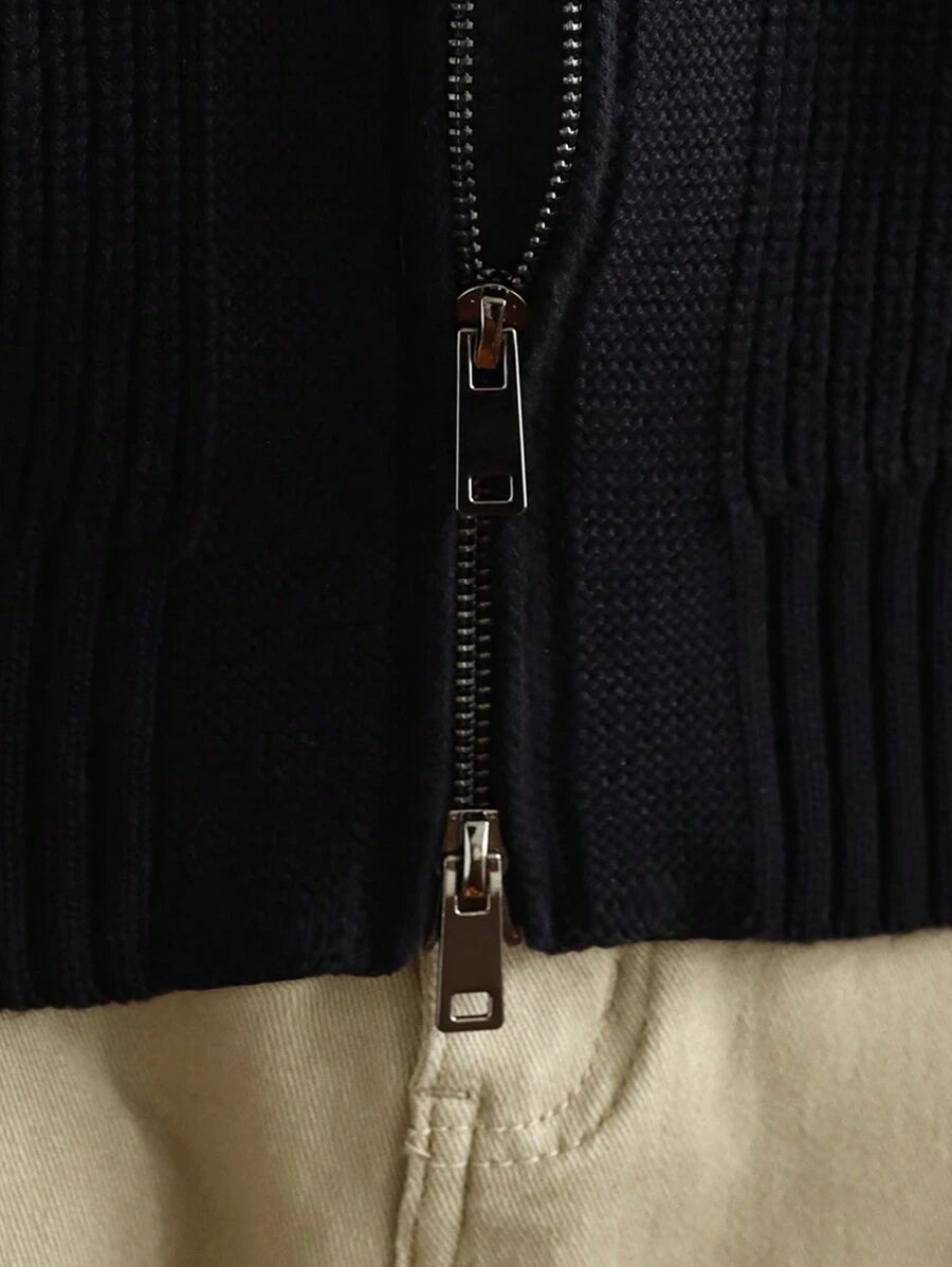 Lång herrcardigan med dragkedja och hög krage