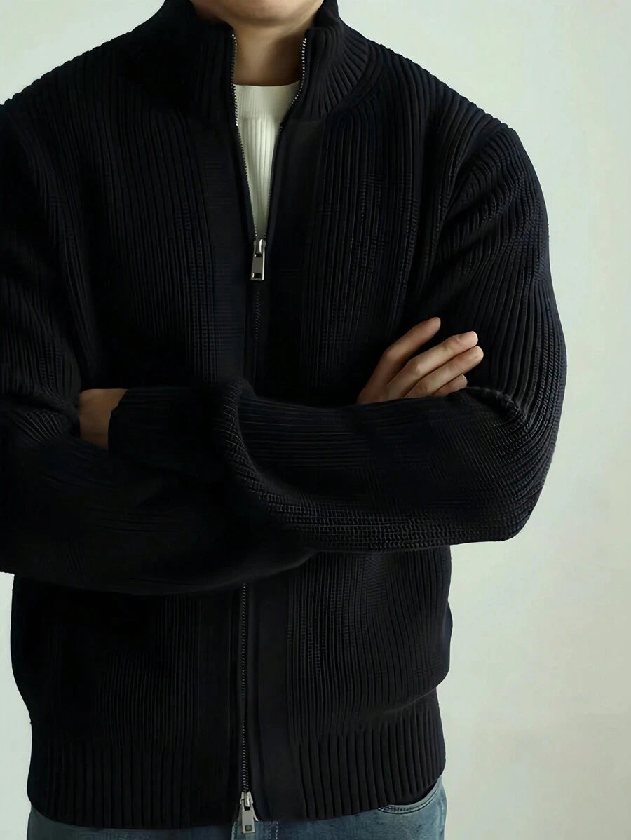 Lång herrcardigan med dragkedja och hög krage