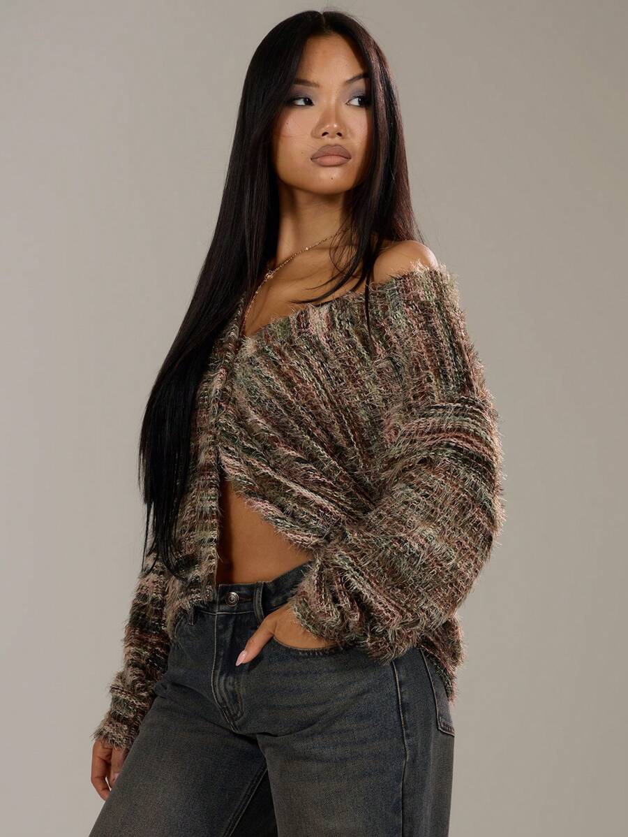 Oversized texturerad cardigan med ränder