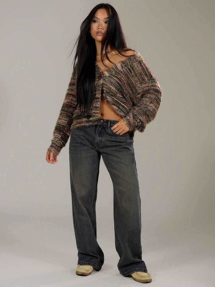 Oversized texturerad cardigan med ränder