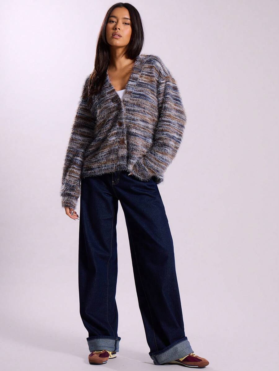 Oversized texturerad cardigan med ränder