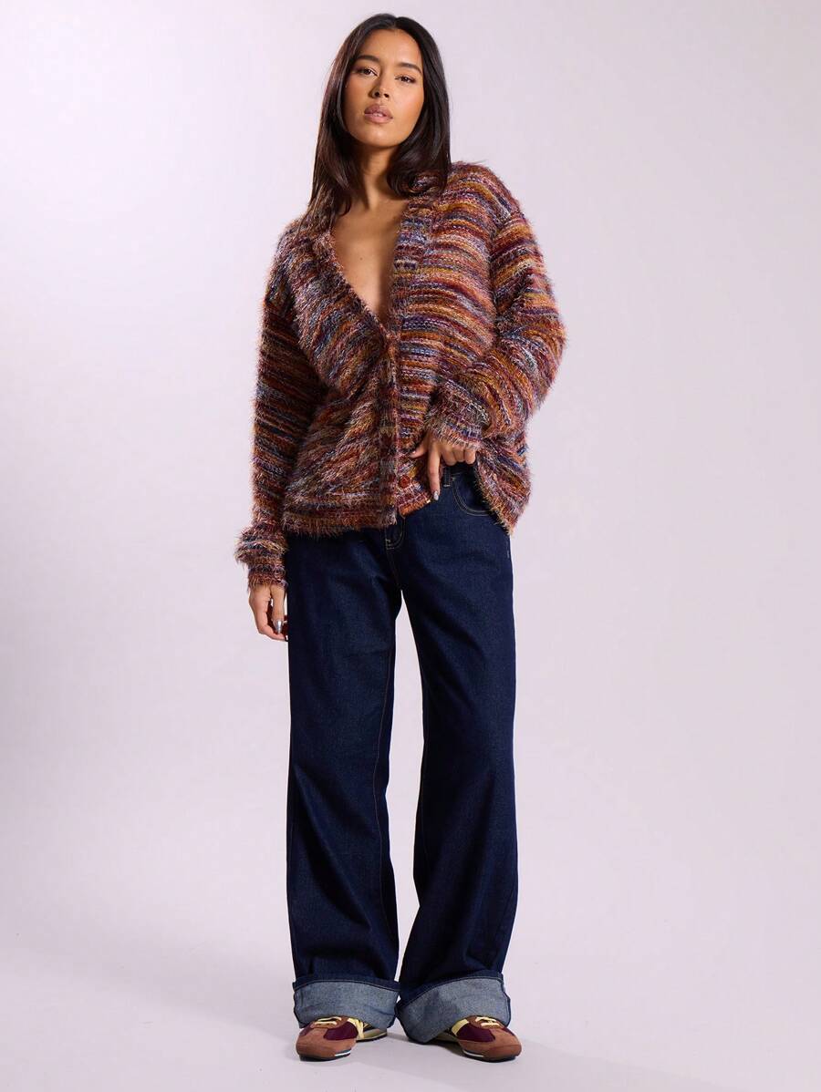 Oversized texturerad cardigan med ränder