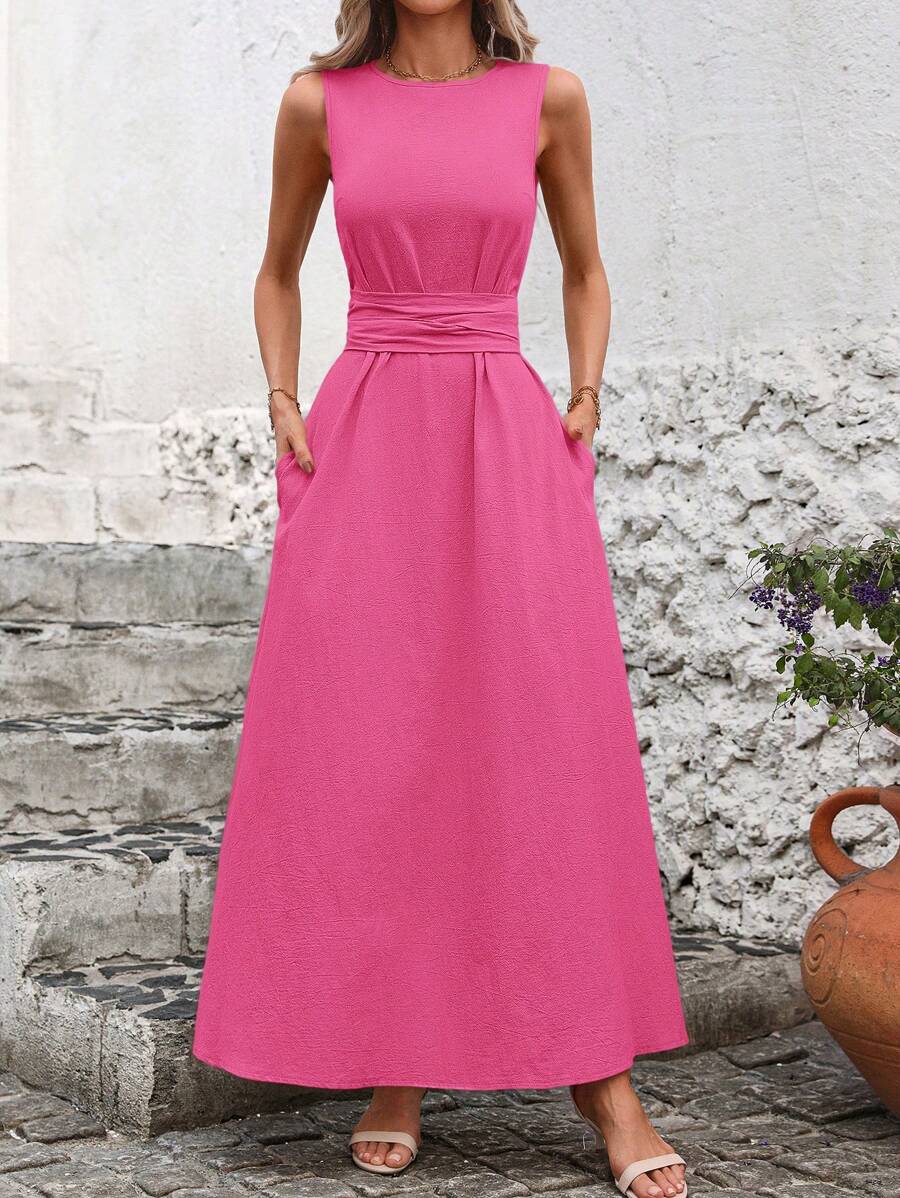 Kakifärgad Randig Midiklänning