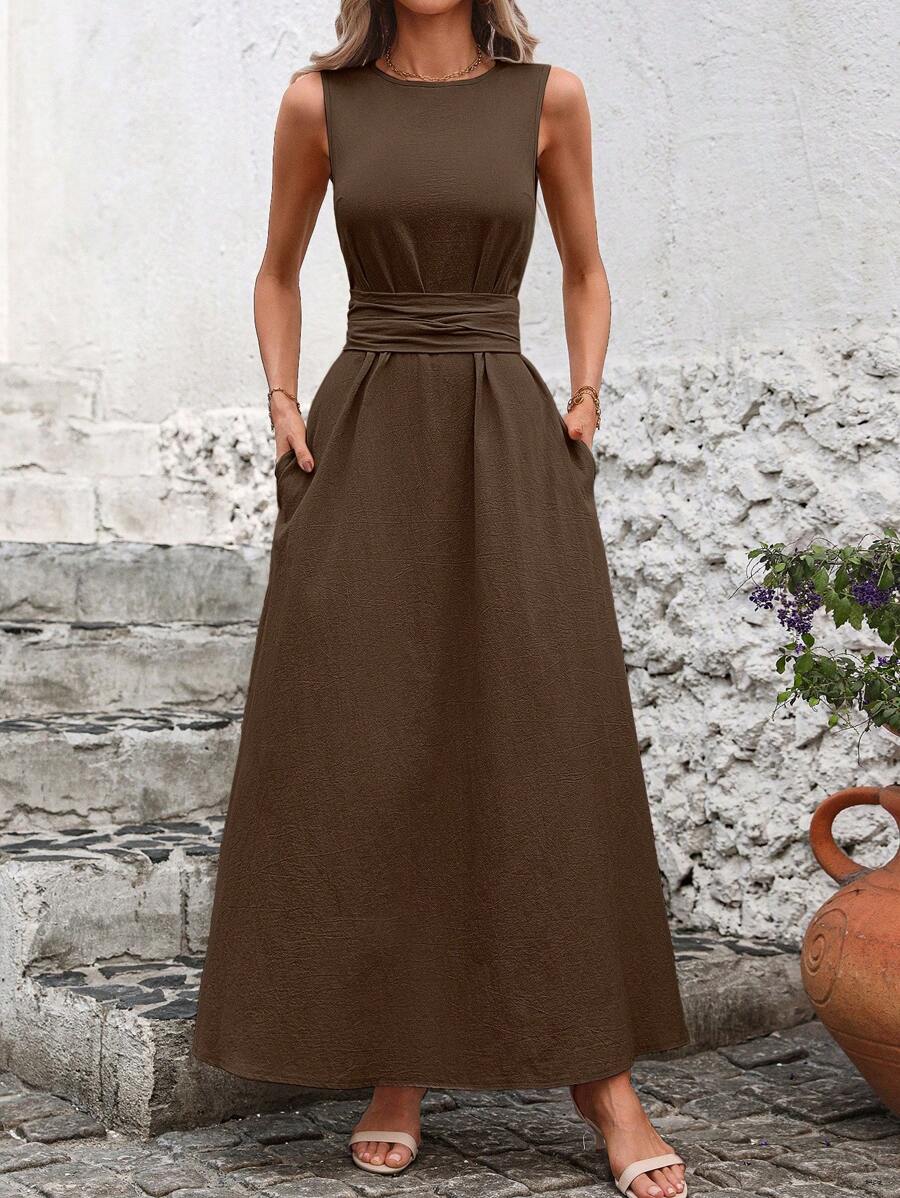 Kakifärgad Randig Midiklänning