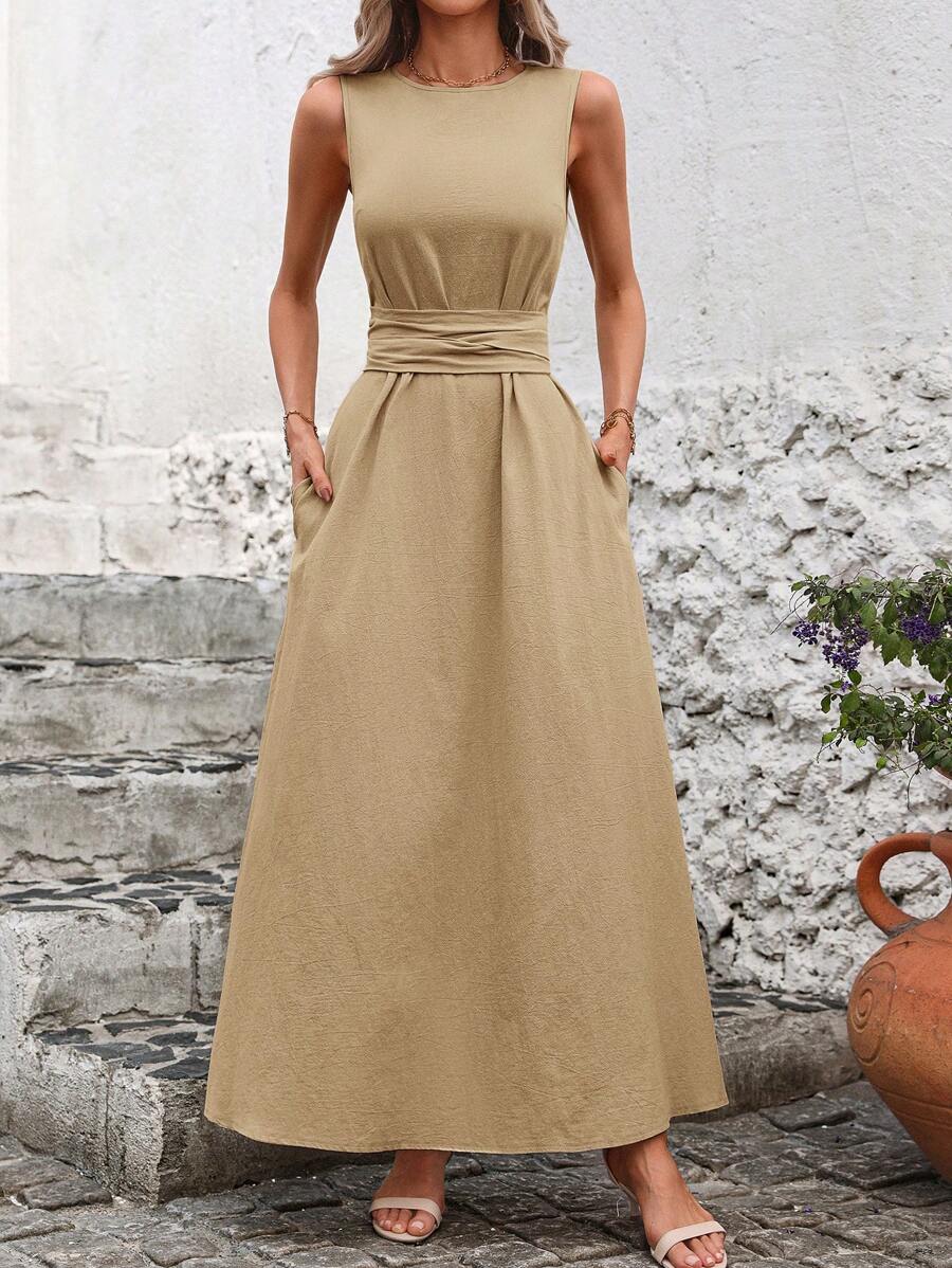 Kakifärgad Randig Midiklänning