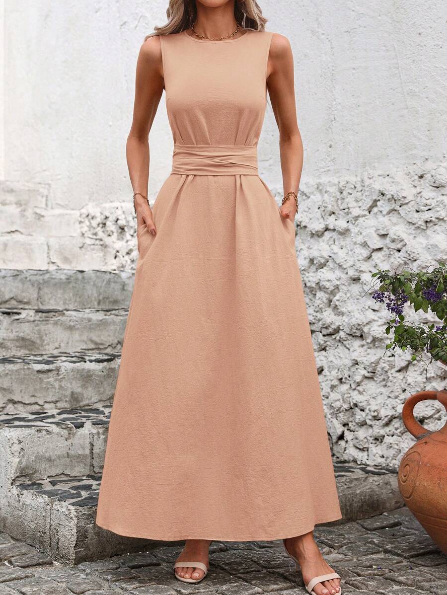 Kakifärgad Randig Midiklänning