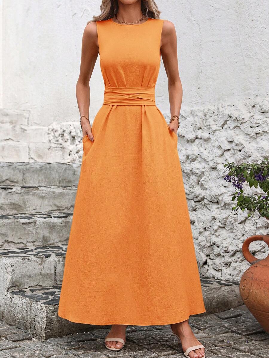 Kakifärgad Randig Midiklänning