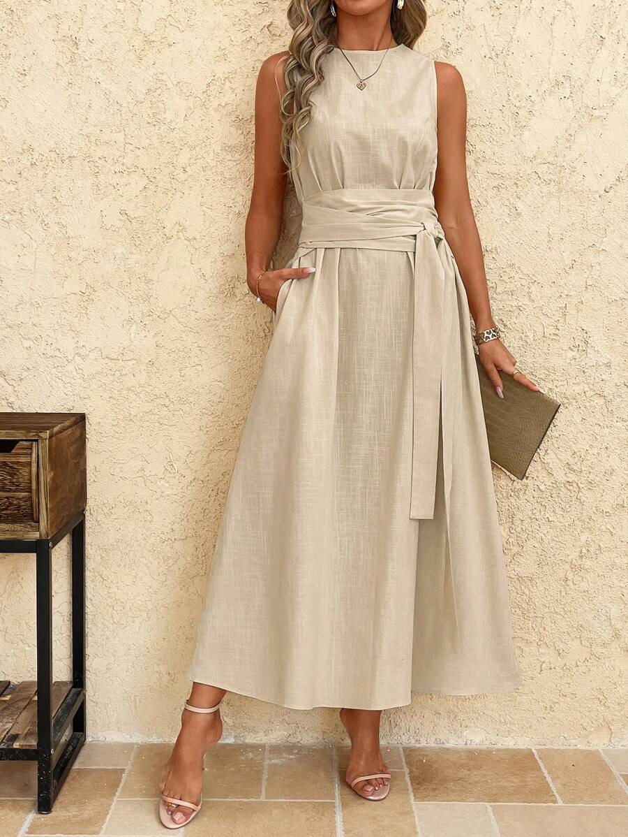 Kakifärgad Randig Midiklänning