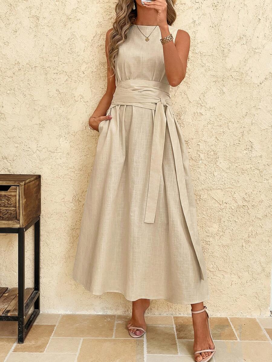 Kakifärgad Randig Midiklänning