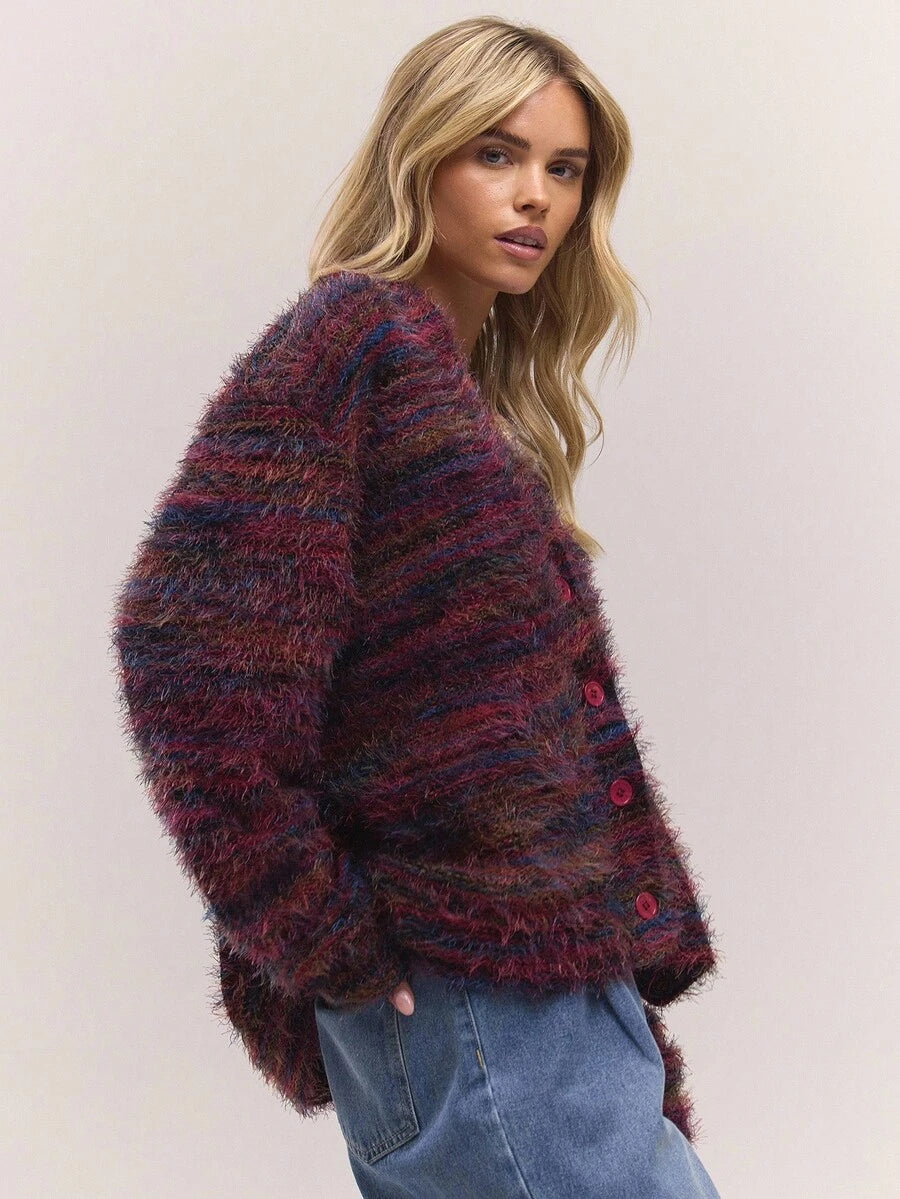 Oversized texturerad cardigan med ränder